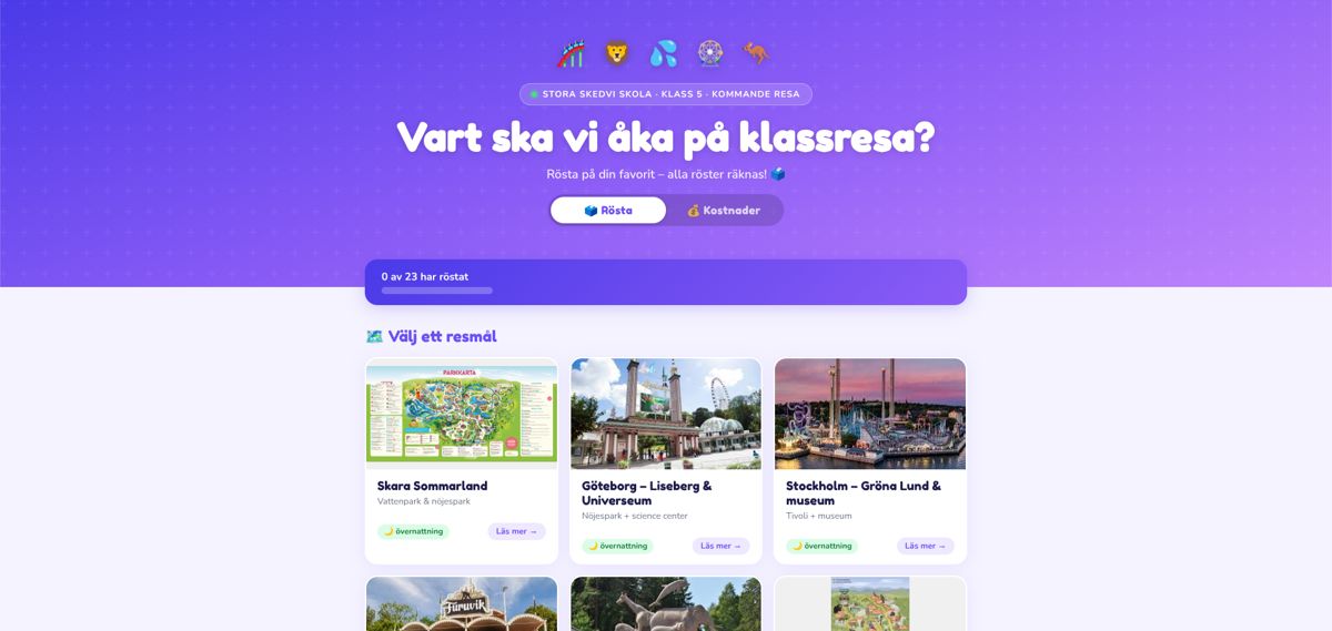 Röstningssidan för klassresan på datorn